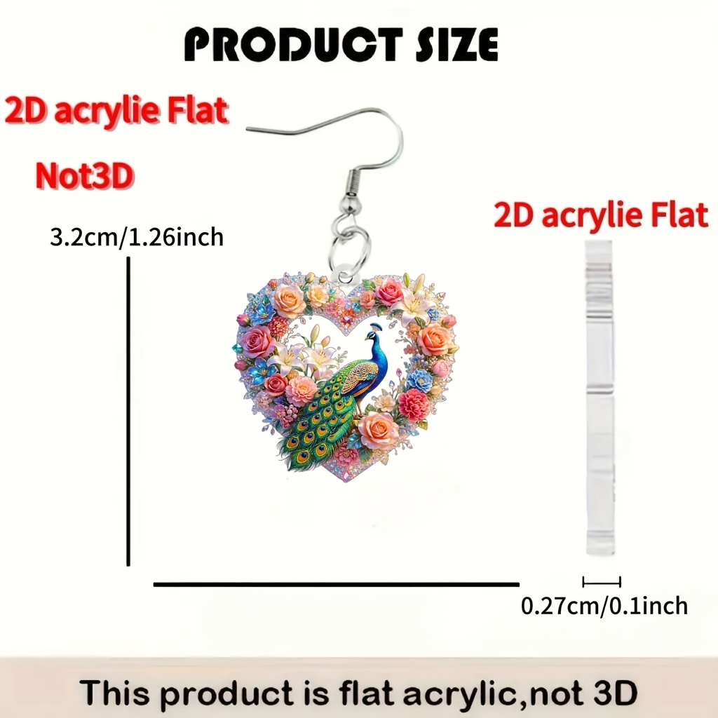 Women's 2D Flat Heart Flower Peacock Acrylic Stud Earrings